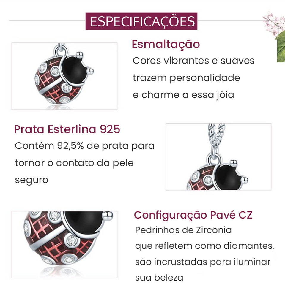 Pingente de Joaninha Vermelha com Argola Simples em Prata Esterlina Laszine Shop